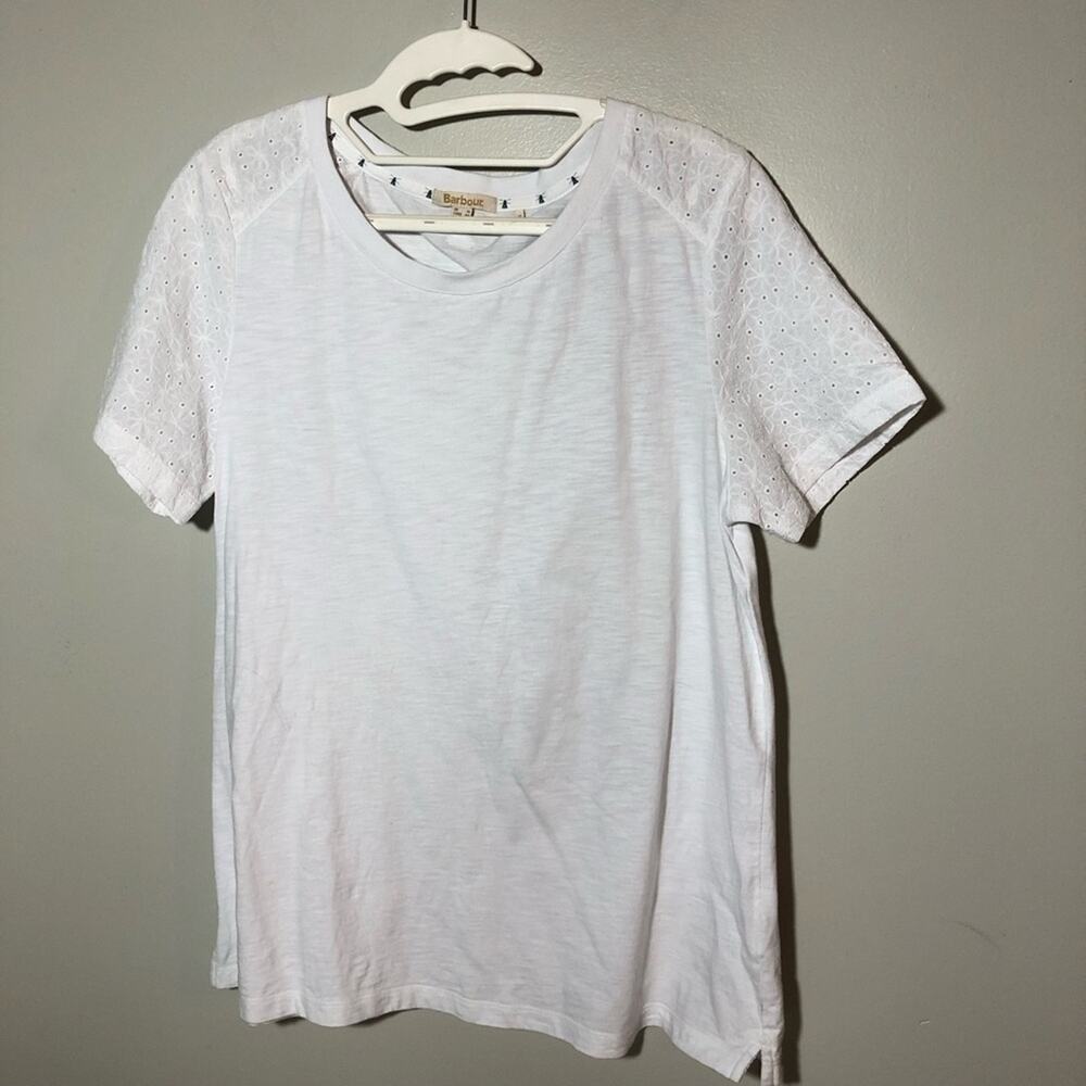 Barbour womens springtime short sleeve top cotton white sz 10 pointelle sleeves